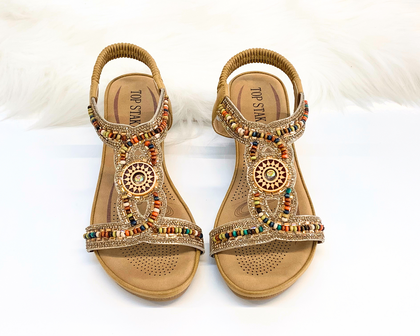 IVACHY Womens beaded crystals elastic strap stretch flats Rhinestone Decor Slingback Bohemian Style Sandals A68126 CAMEL