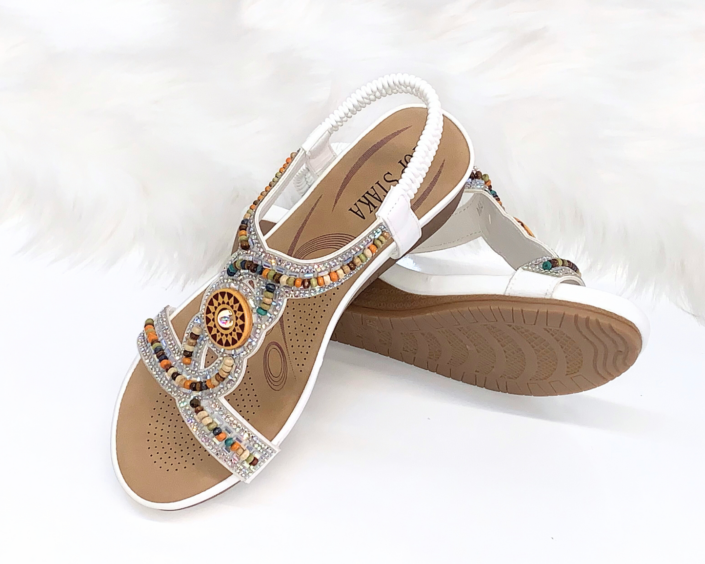 IVACHY Womens beaded crystals elastic strap stretch flats Rhinestone Decor Slingback Bohemian Style Sandals A68126 WHITE