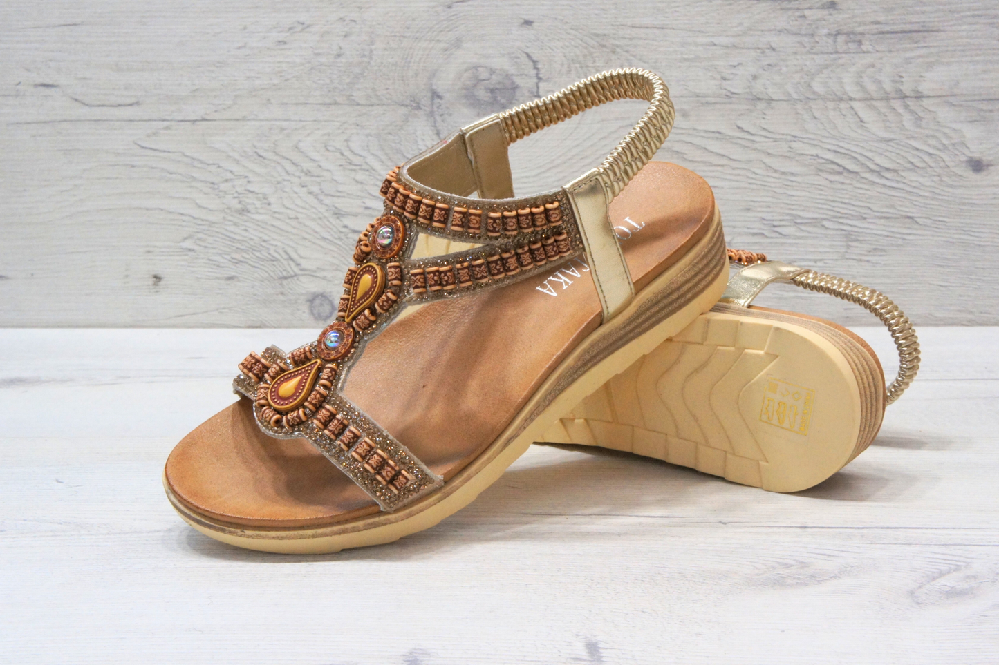 IVACHY Womens beaded sparkling elastic strap sandals A68029 GOLD