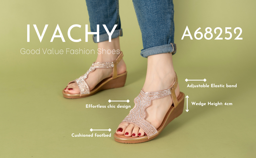 IVACHY Shoes Women's Comfort Sandals| 4cm Heel, Sparkling Adjustable Elastic Band A68252