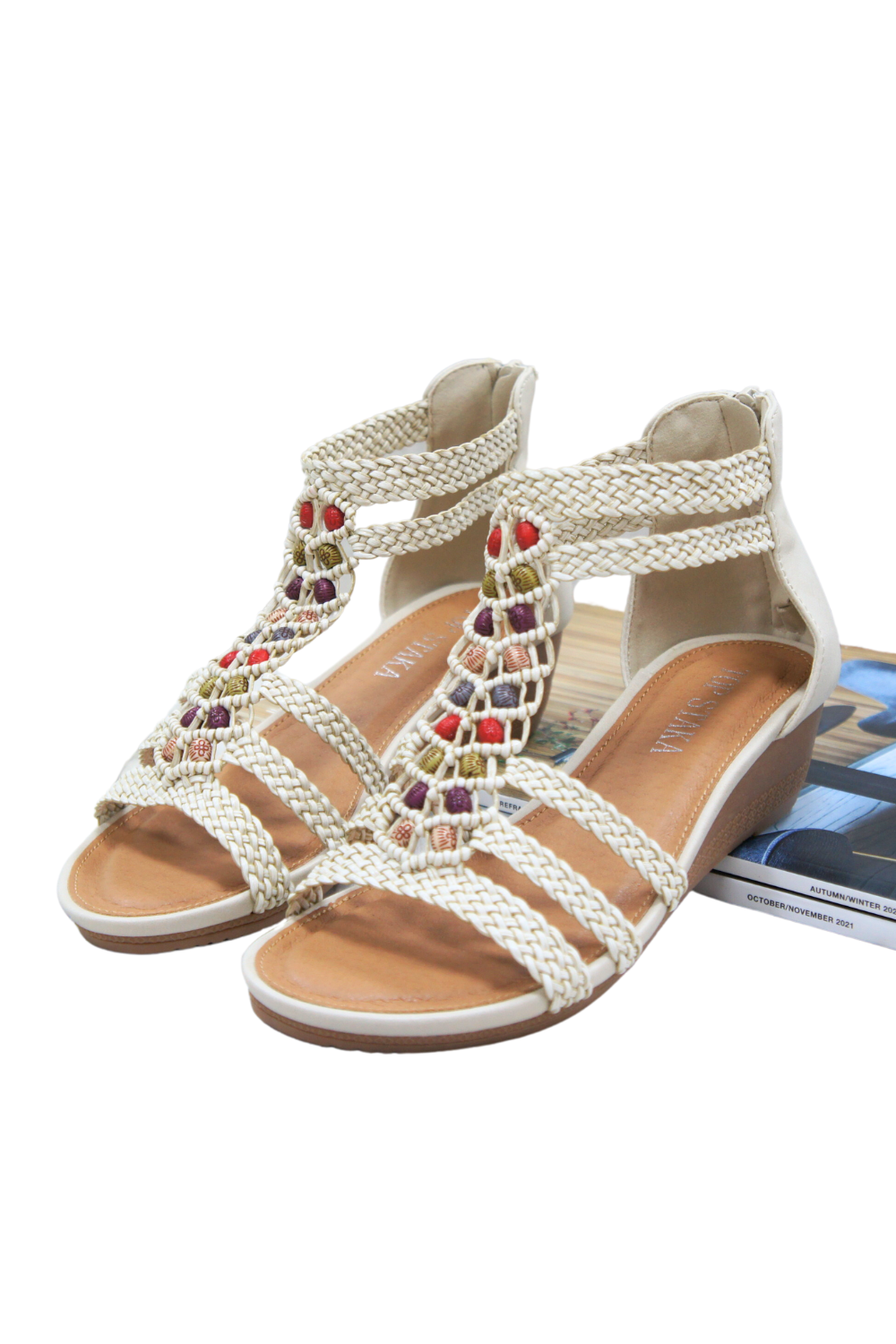 Womens Summer Braided Strappy Beaded Flowery Espadrille Wedge Sandals A8951 BEIGE