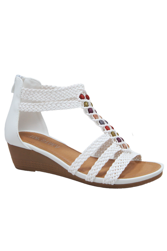 Womens Summer Braided Strappy Beaded Flowery Espadrille Wedge Sandals A8951 WHITE