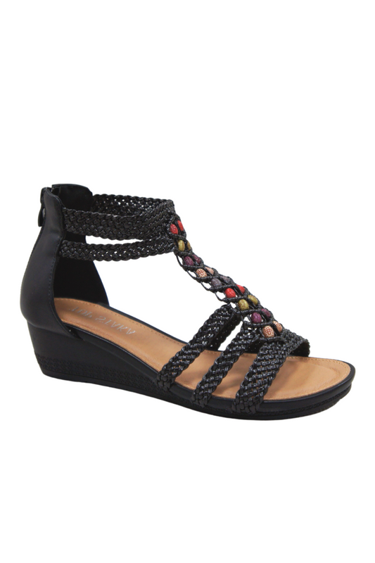 Womens Summer Braided Strappy Beaded Flowery Espadrille Wedge Sandals A8951 BLACK