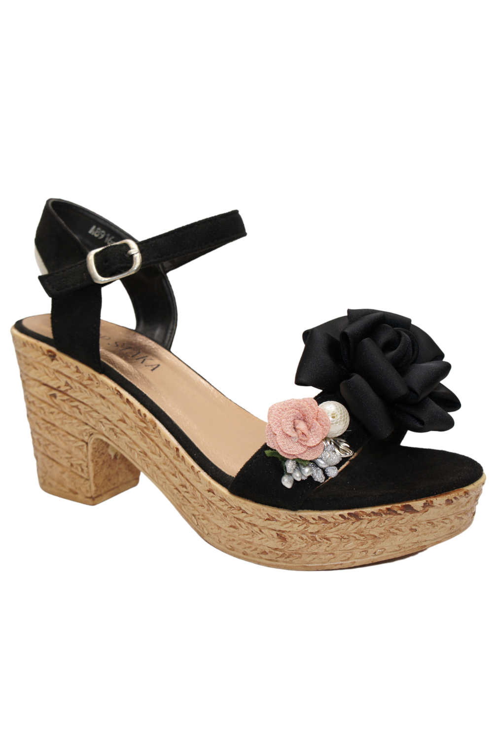 IVACHY Womens Wedge Summer Floral Sandal Espadrille Platform with Pearl A8916 BLACK