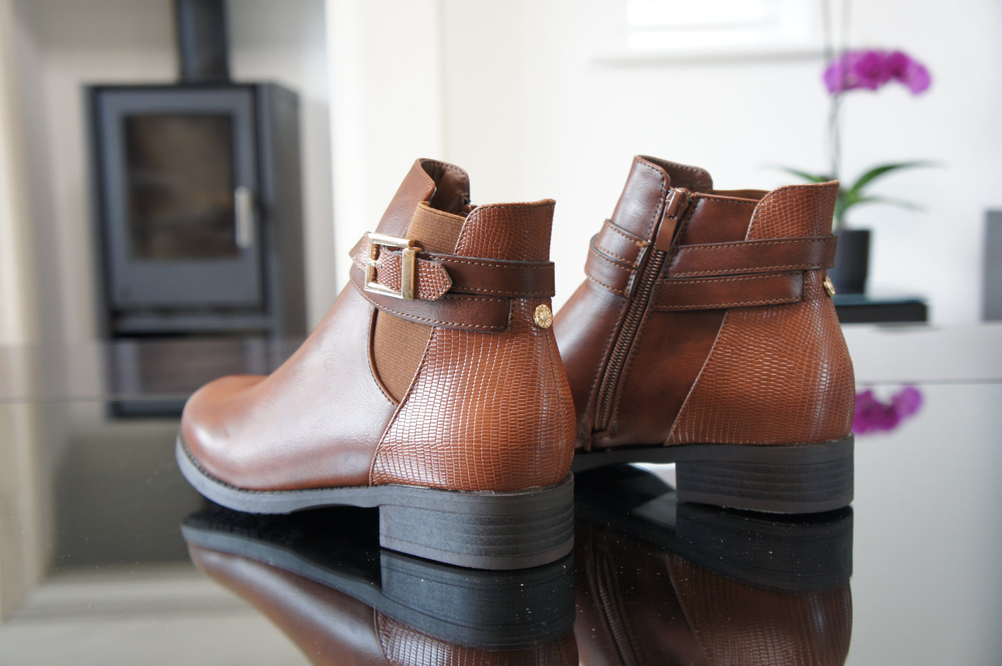 IVACHY Women Ankle Boots- Gold buckle A9009 TAN