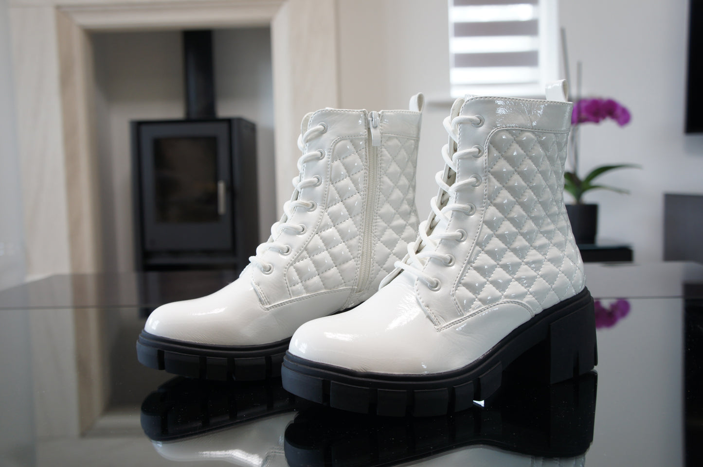 Women Boots Patent Zip Chunky WHITE A9015