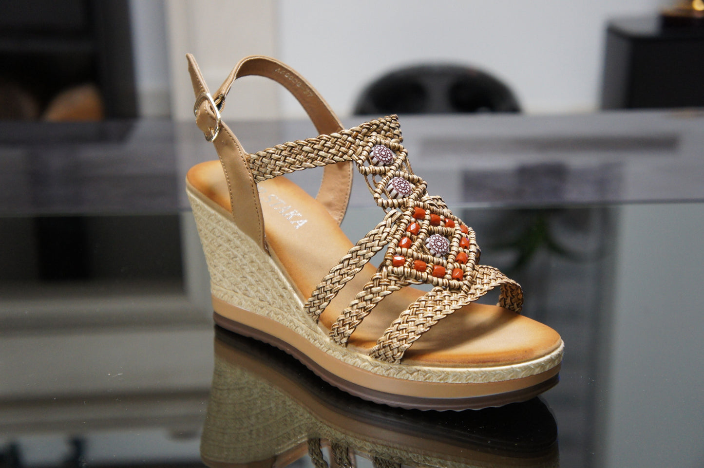 Women's Summer Braided Strappy Beaded Flowery Espadrille Wedge Heels Sandals A68008 CAMEL