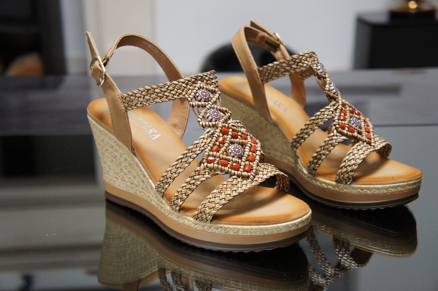 Women's Summer Braided Strappy Beaded Flowery Espadrille Wedge Heels Sandals A68008 CAMEL