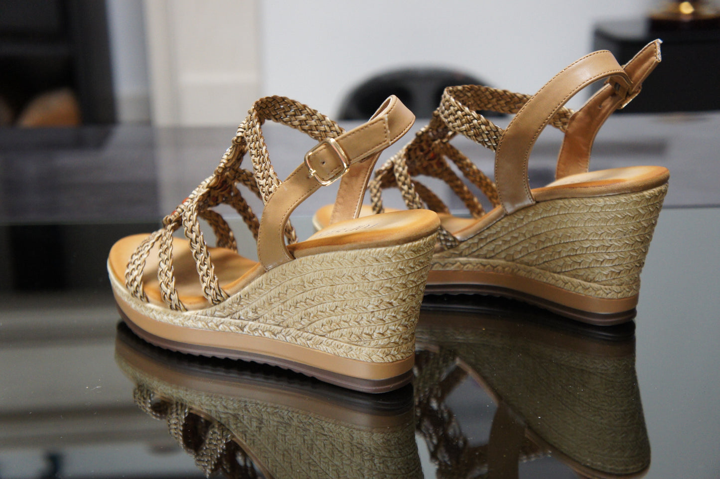 Women's Summer Braided Strappy Beaded Flowery Espadrille Wedge Heels Sandals A68008 CAMEL