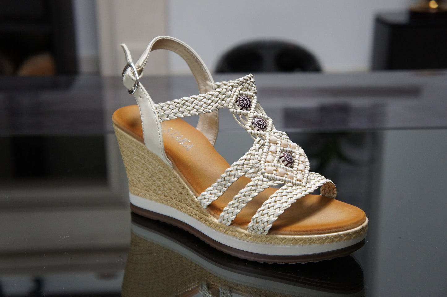 Women's Summer Braided Strappy Beaded Flowery Espadrille Wedge Heels Sandals A68008 BEIGE