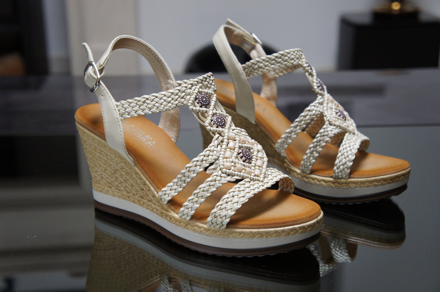 Women's Summer Braided Strappy Beaded Flowery Espadrille Wedge Heels Sandals A68008 BEIGE