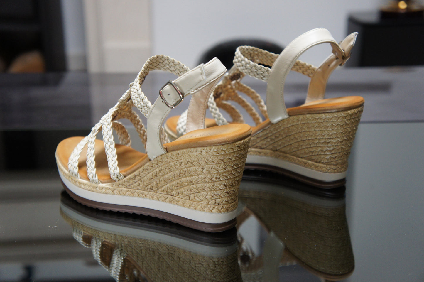 Women's Summer Braided Strappy Beaded Flowery Espadrille Wedge Heels Sandals A68008 BEIGE