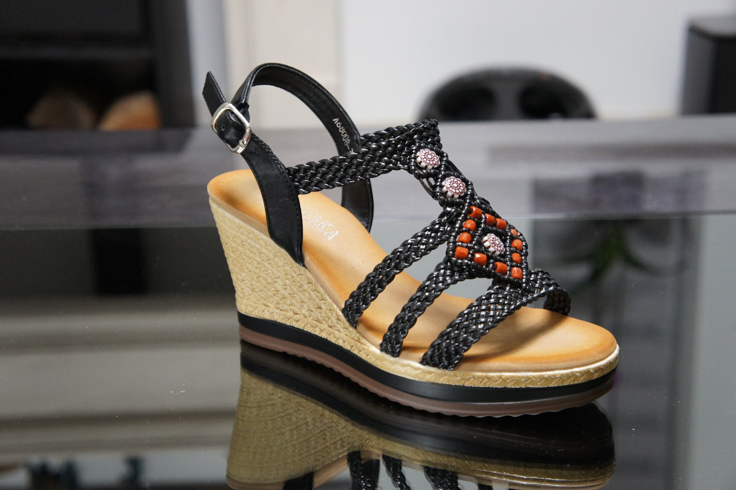 Women's Summer Braided Strappy Beaded Flowery Espadrille Wedge Heels Sandals A68008 BLACK