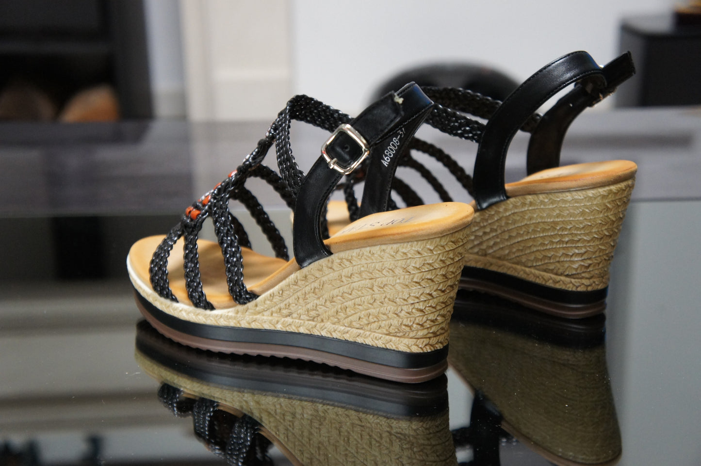 Women's Summer Braided Strappy Beaded Flowery Espadrille Wedge Heels Sandals A68008 BLACK