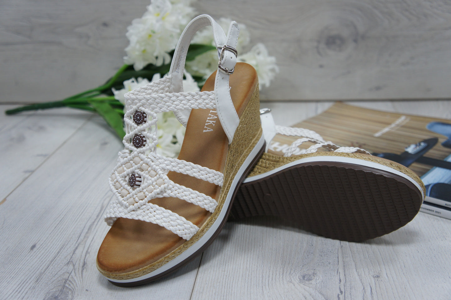 Women's Summer Braided Strappy Beaded Flowery Espadrille Wedge Heels Sandals A68008 WHITE