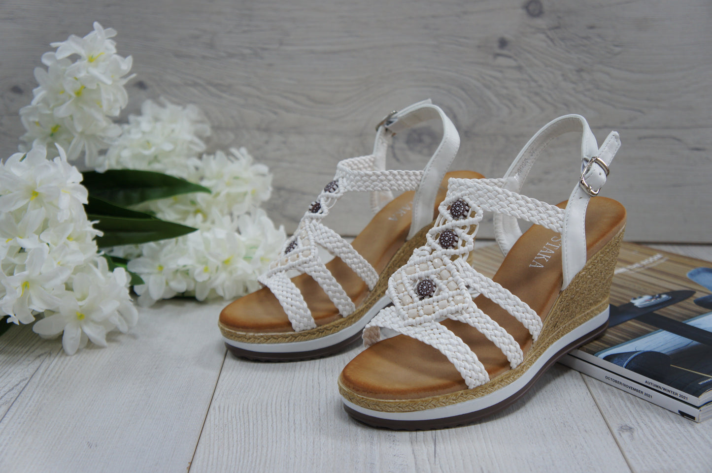 Women's Summer Braided Strappy Beaded Flowery Espadrille Wedge Heels Sandals A68008 WHITE