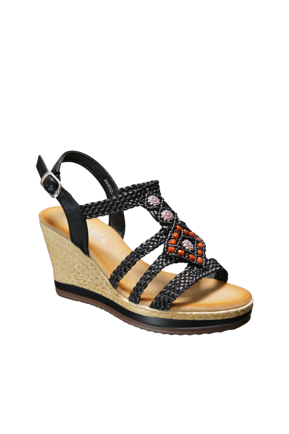 Women's Summer Braided Strappy Beaded Flowery Espadrille Wedge Heels Sandals A68008 BLACK