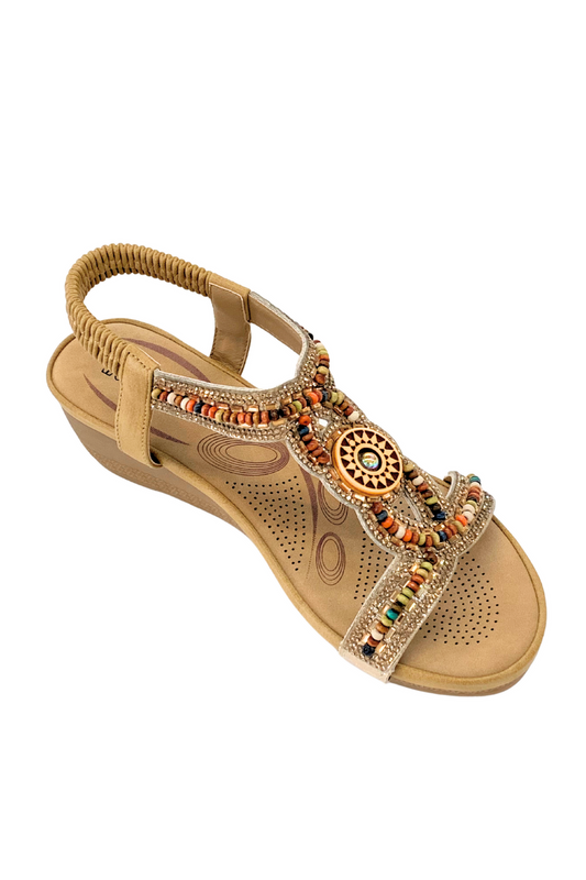 IVACHY Womens beaded crystals elastic strap stretch flats Rhinestone Decor Slingback Bohemian Style Sandals A68126 CAMEL