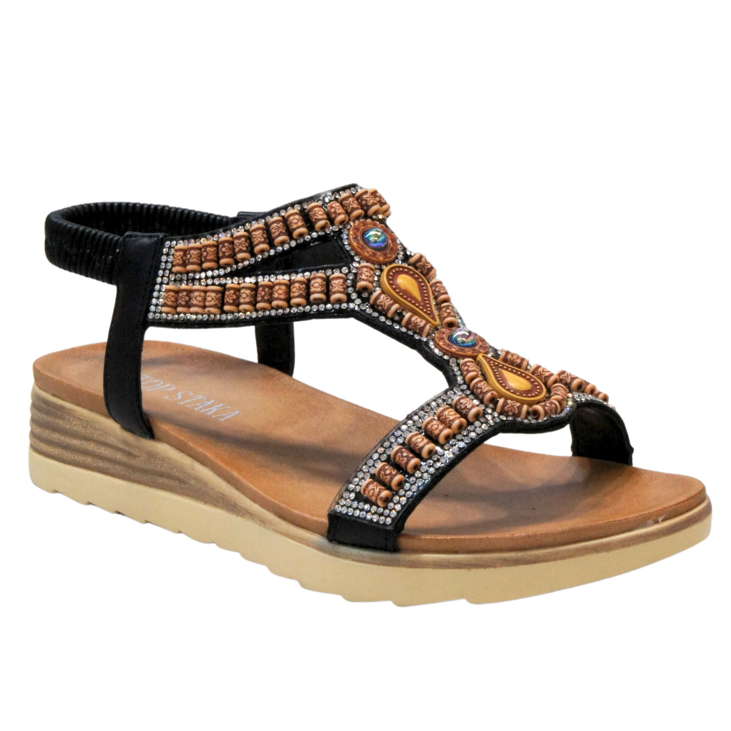 IVACHY Womens beaded sparkling elastic strap sandals A68029 BLACK