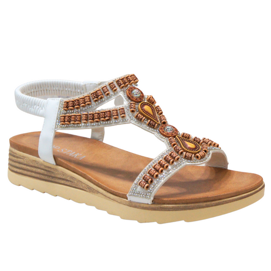 IVACHY Womens beaded sparkling elastic strap sandals A68029 WHITE