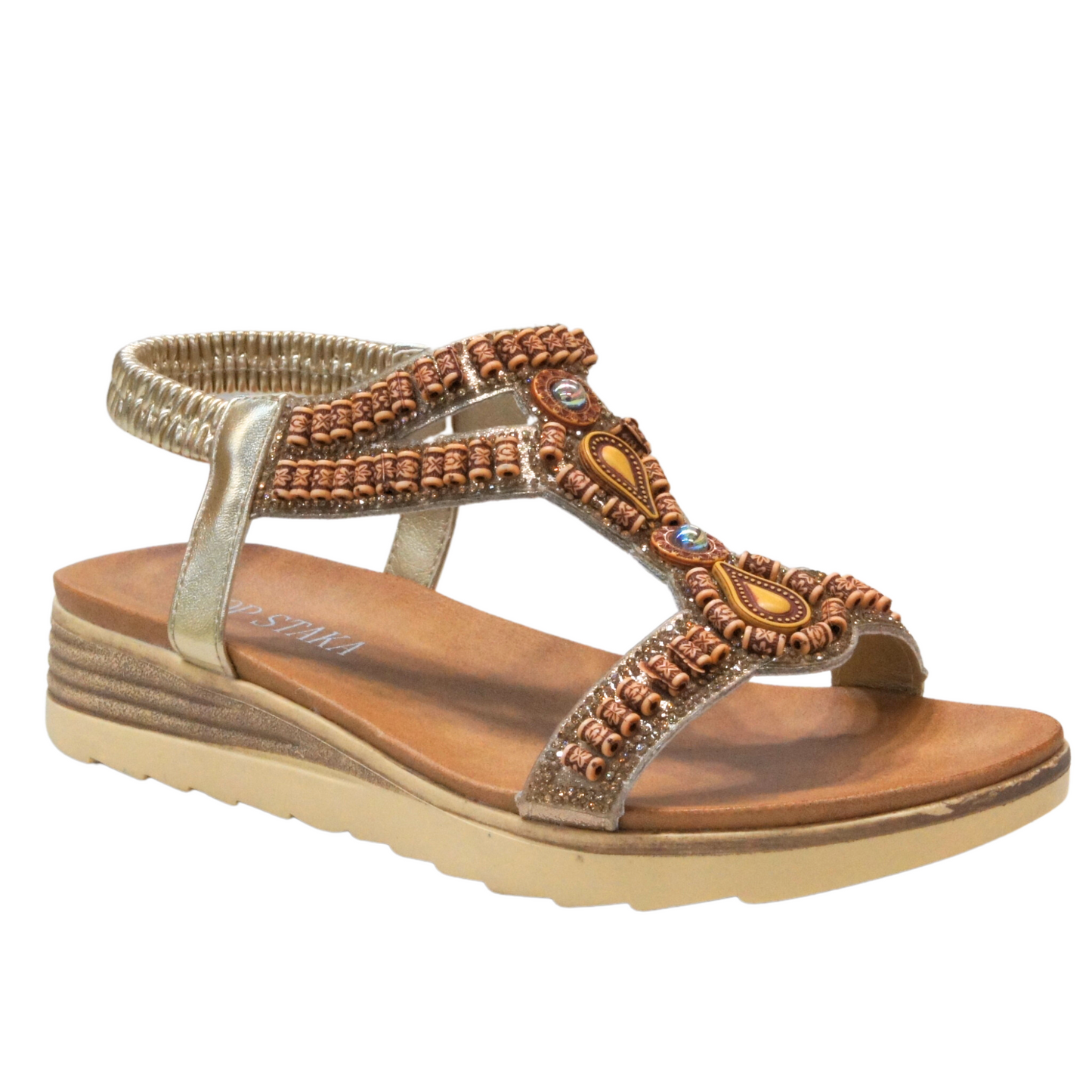 IVACHY Womens beaded sparkling elastic strap sandals A68029 GOLD