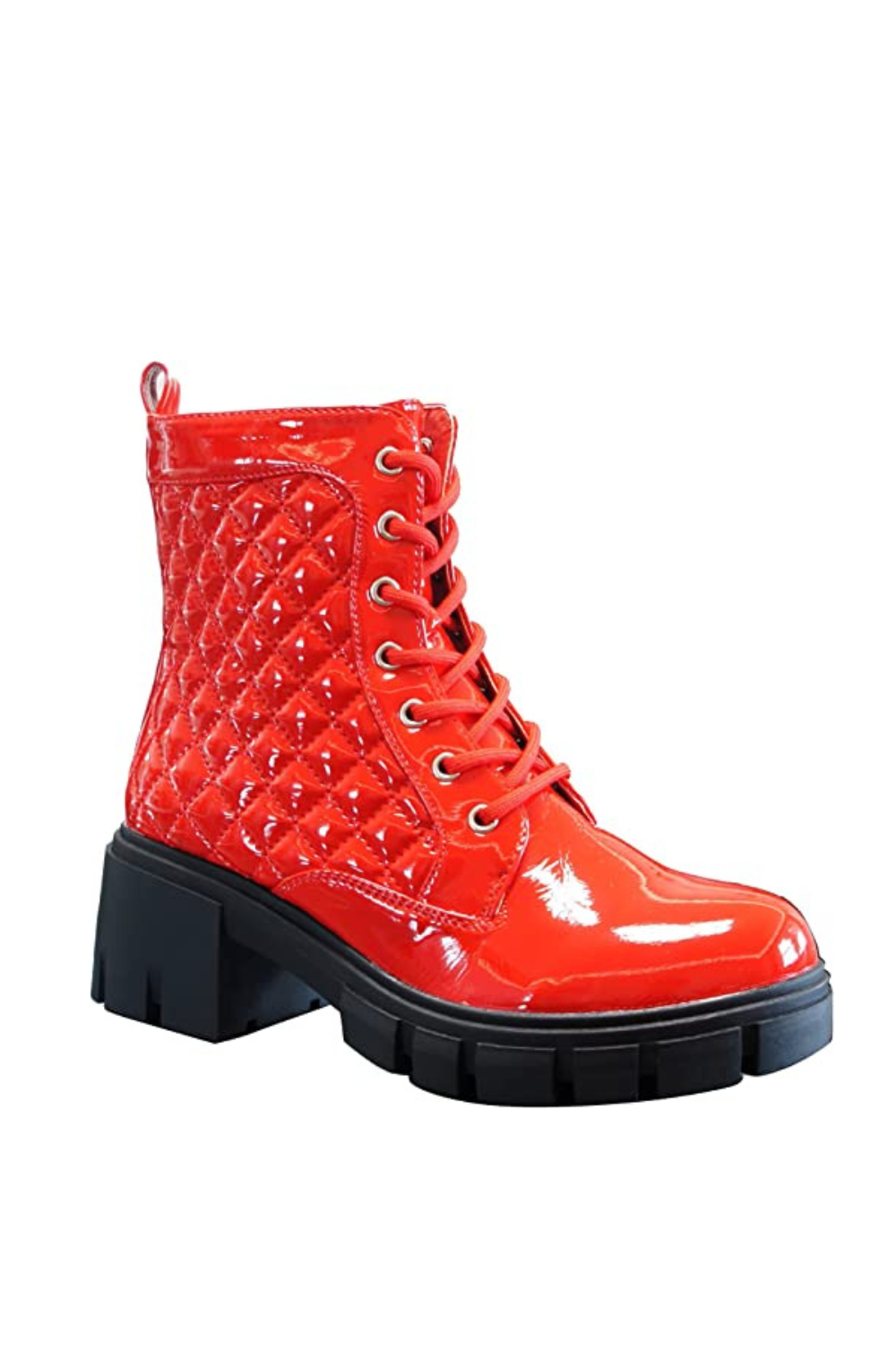 Women Boots Patent Zip Chunky Red A9015