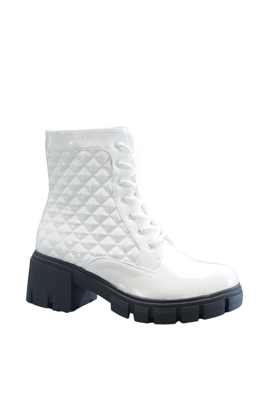 Women Boots Patent Zip Chunky WHITE A9015