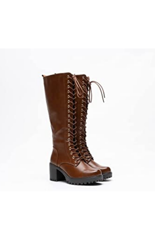 Women Knee High Boots Lace Up Zip Fastening Long Boots Block Heel Platform Camel A68093