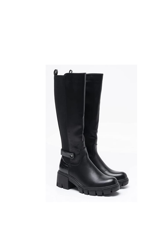 Women Knee Lenght Boots Buckle Block Heel Zip Black A68097