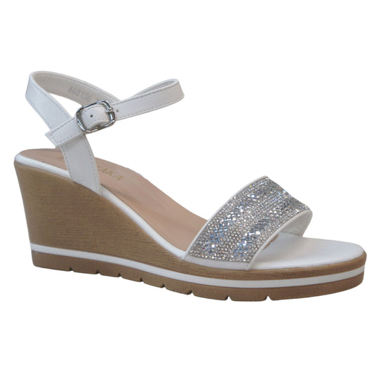 Women Platform Sandals with Sparkling Diamante White A68136