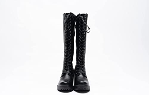 Women Knee High Boots Lace Up Zip Fastening Long Boots Block Heel Platform Black A68093