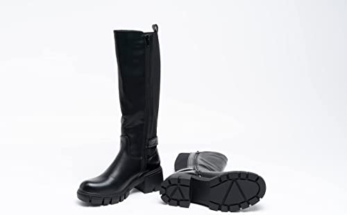 Women Knee Lenght Boots Buckle Block Heel Zip Black A68097