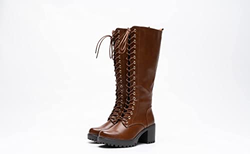 Women Knee High Boots Lace Up Zip Fastening Long Boots Block Heel Platform Camel A68093