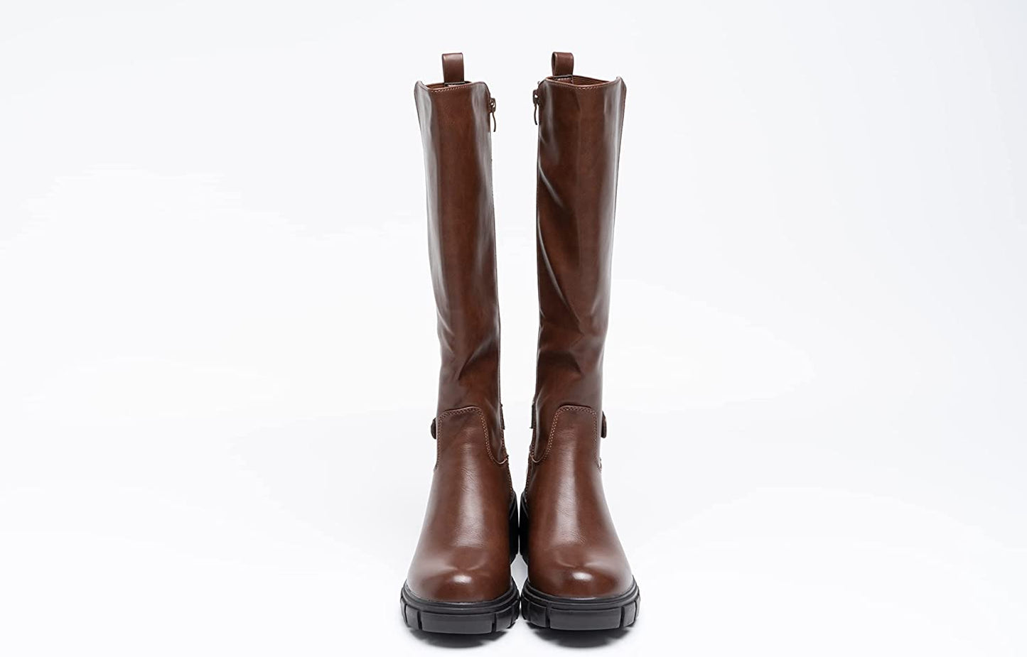 Women Knee Lenght Boots Buckle Block Heel Zip Camel A68097