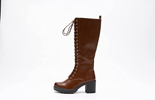 Women Knee High Boots Lace Up Zip Fastening Long Boots Block Heel Platform Camel A68093