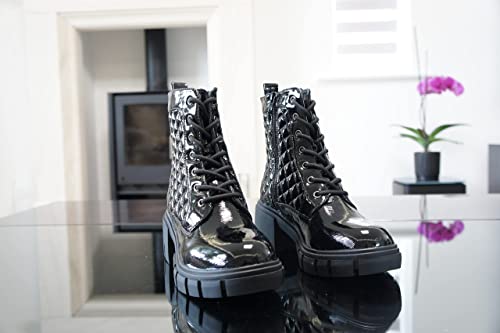 Women Boots Patent Zip Chunky Black A9015