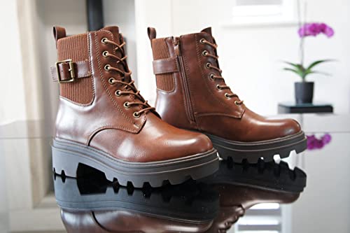 Women Ankle Boots - Zip Comfort Lace-up Tan A9027