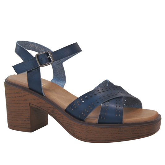 Women Platform Wood Effect Heels Cushioning A68129 Blue