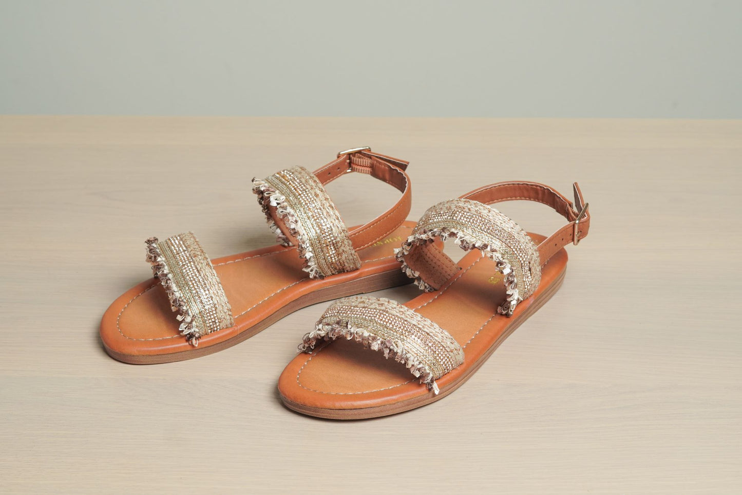 Women Summer Sparkle Sandals with Flat Slingback, Casual Open Toe Rhinestone Embellishments Crystal Shoes A150-25 BROWN