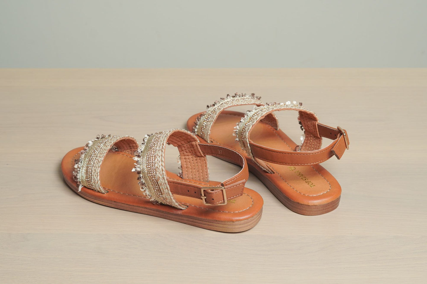 Women Summer Sparkle Sandals with Flat Slingback, Casual Open Toe Rhinestone Embellishments Crystal Shoes A150-25 BROWN