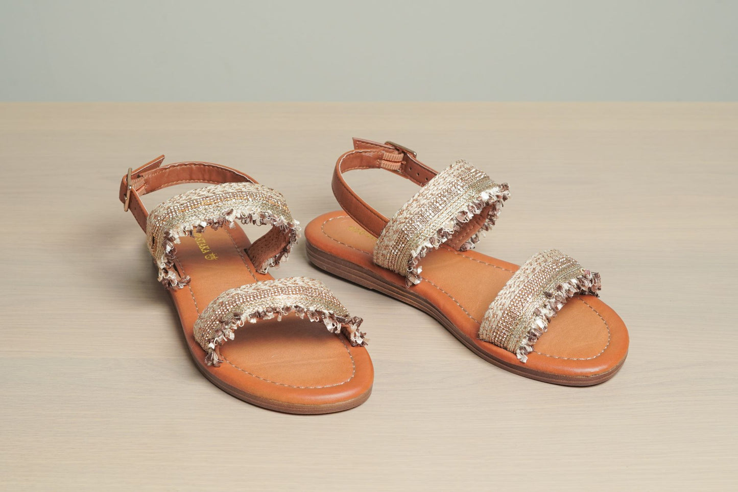 Women Summer Sparkle Sandals with Flat Slingback, Casual Open Toe Rhinestone Embellishments Crystal Shoes A150-25 BROWN