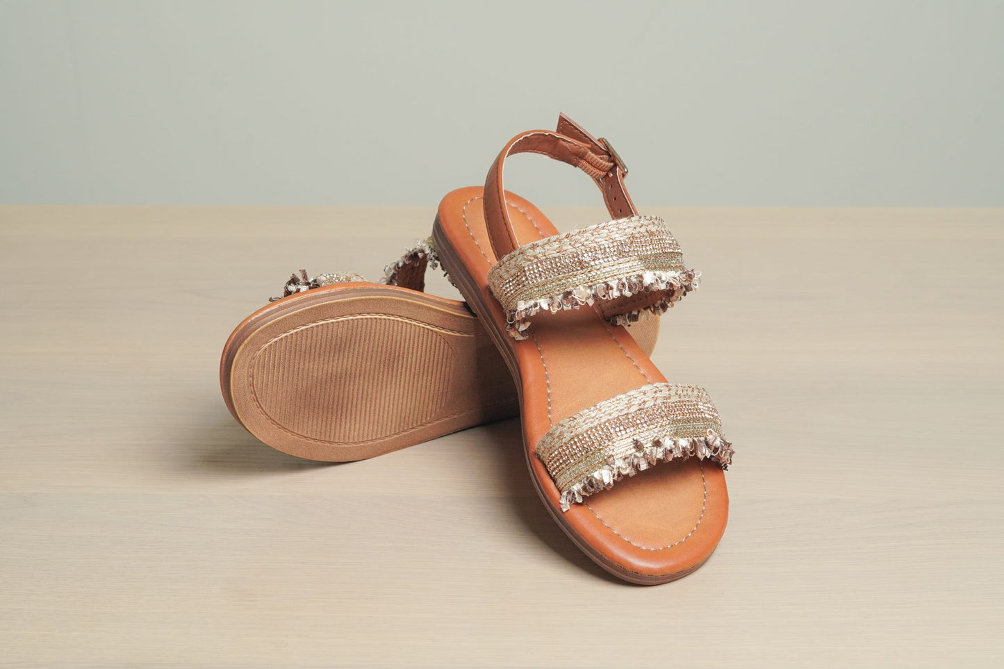 Women Summer Sparkle Sandals with Flat Slingback, Casual Open Toe Rhinestone Embellishments Crystal Shoes A150-25 BROWN