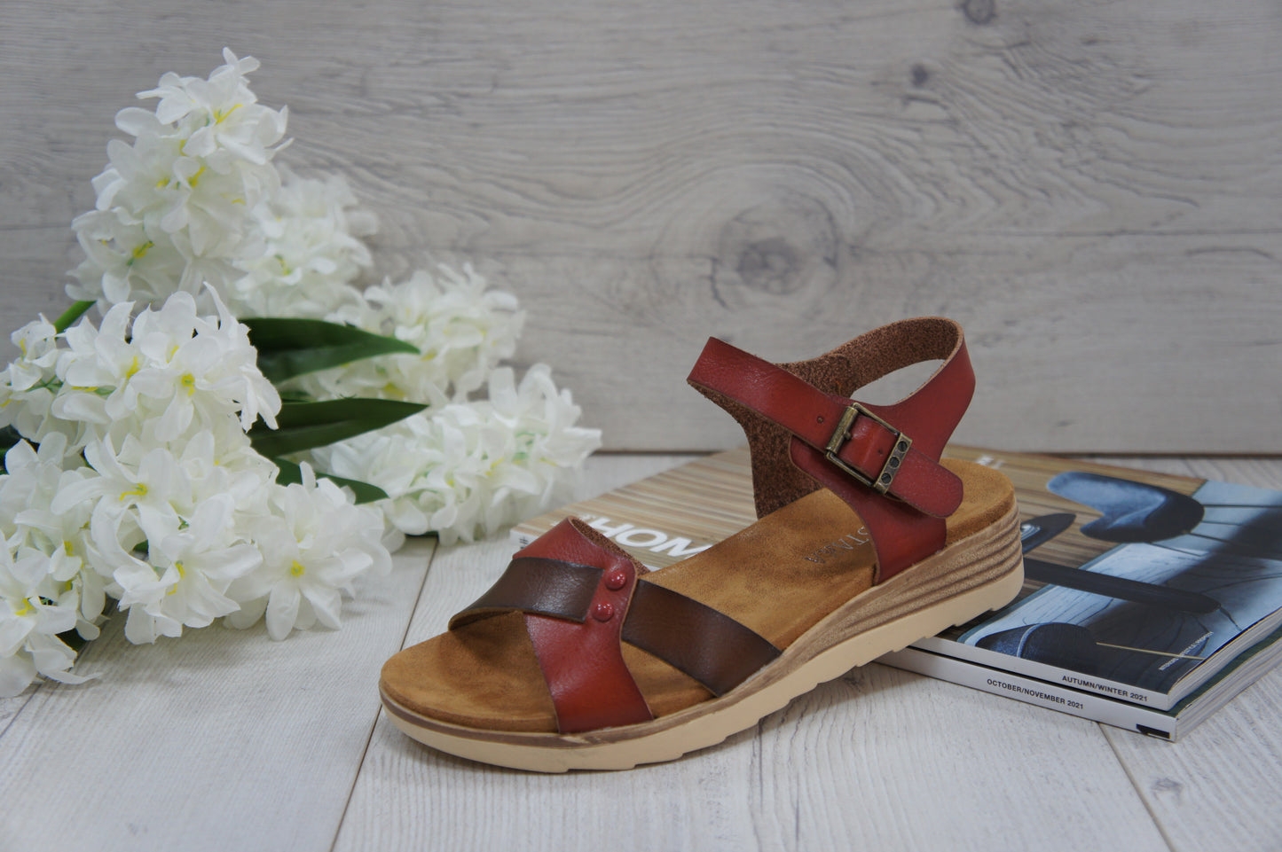 IVACHY plain sandals strappy simple flats sandals A68070 RED BROWN