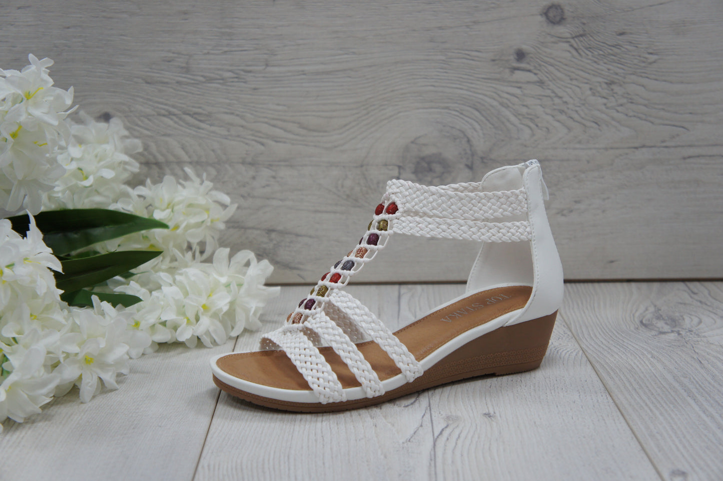 Womens Summer Braided Strappy Beaded Flowery Espadrille Wedge Sandals A8951 WHITE