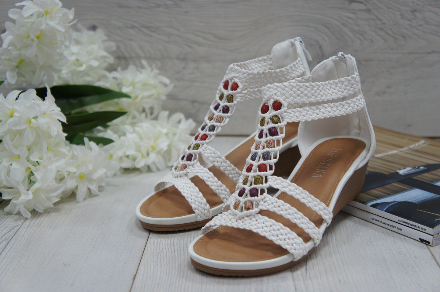 Womens Summer Braided Strappy Beaded Flowery Espadrille Wedge Sandals A8951 WHITE