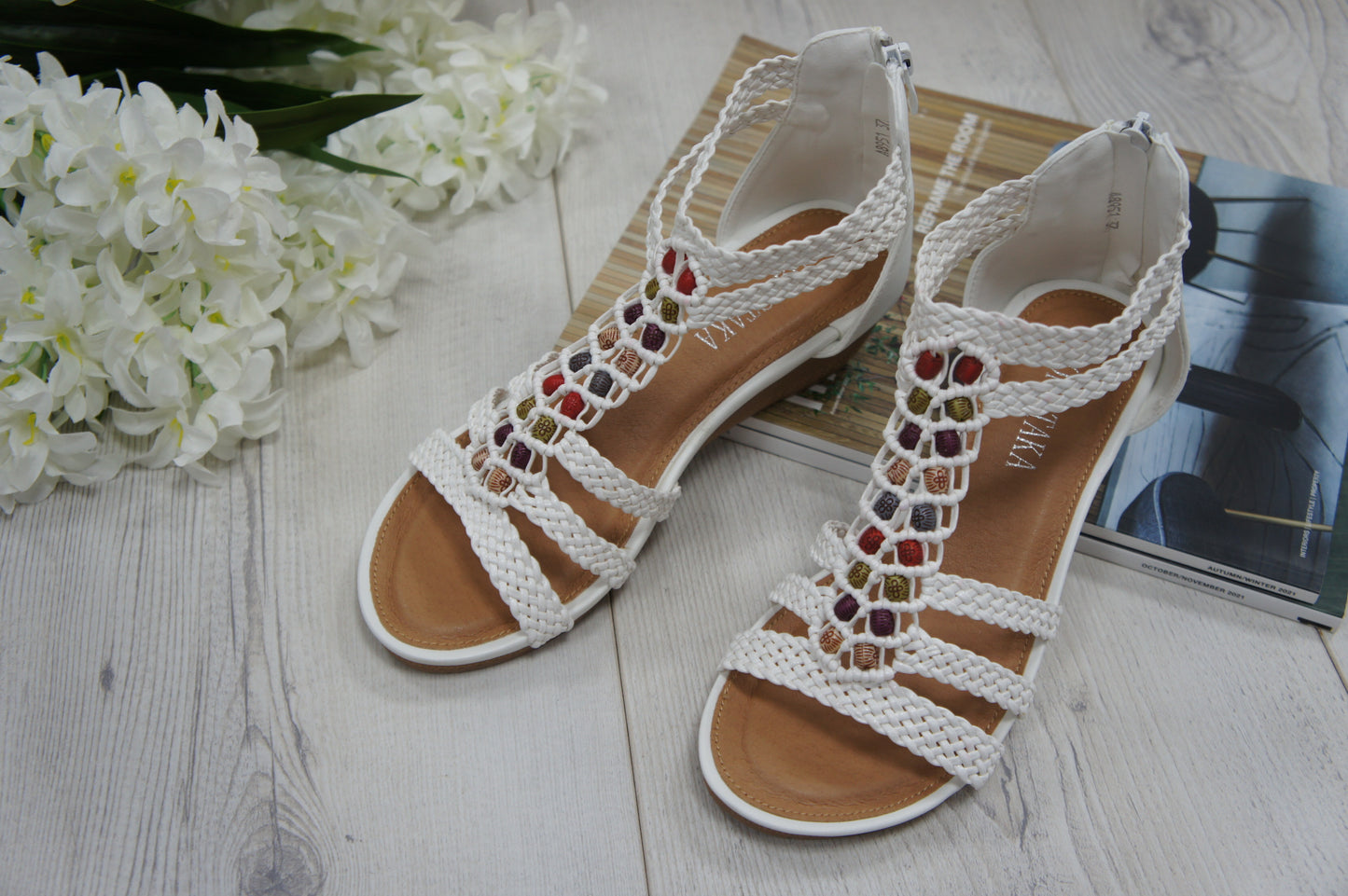 Womens Summer Braided Strappy Beaded Flowery Espadrille Wedge Sandals A8951 WHITE