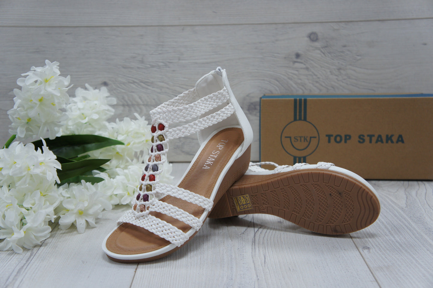 Womens Summer Braided Strappy Beaded Flowery Espadrille Wedge Sandals A8951 WHITE