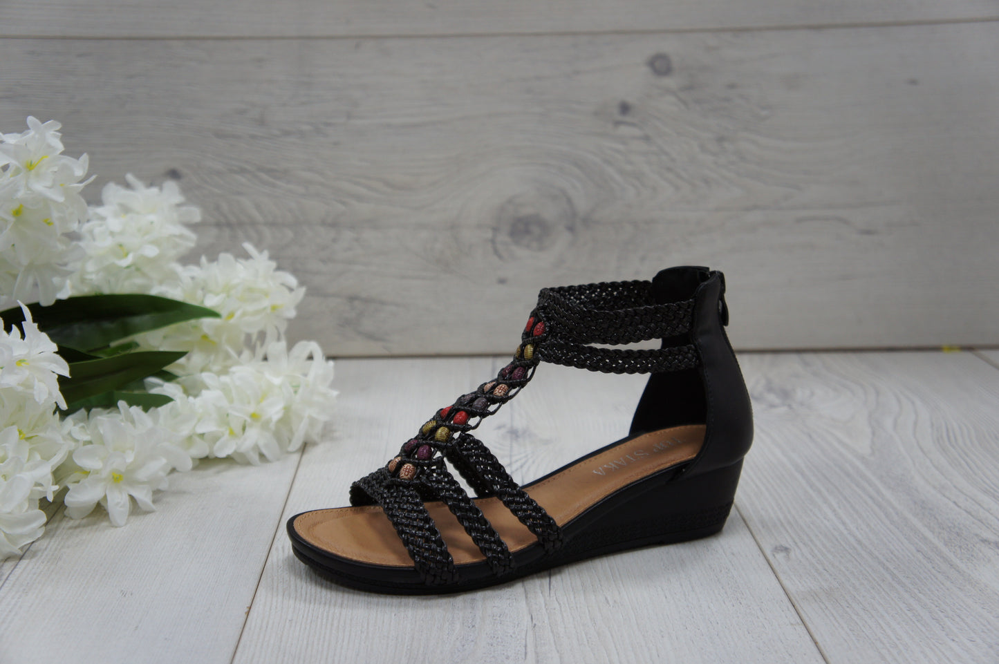 Womens Summer Braided Strappy Beaded Flowery Espadrille Wedge Sandals A8951 BLACK