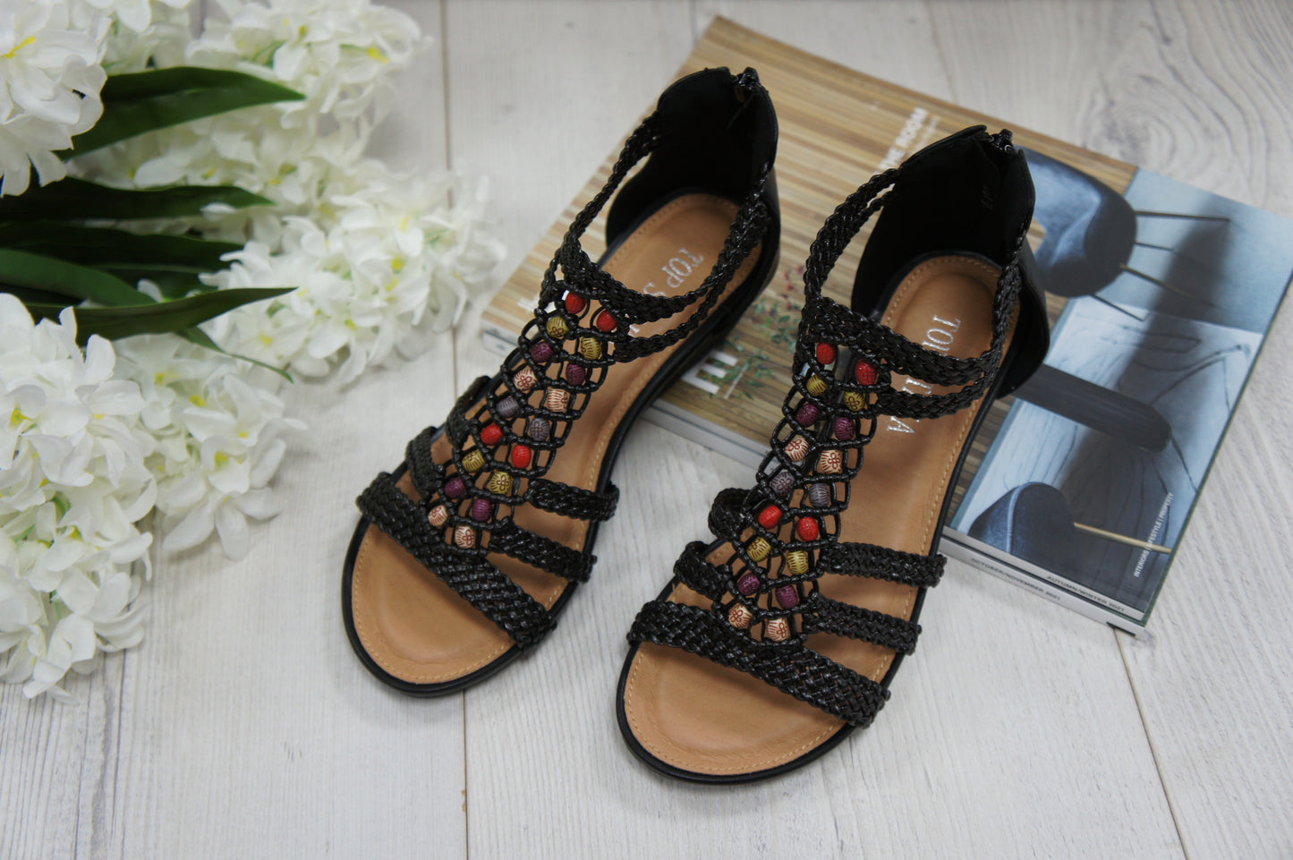 Womens Summer Braided Strappy Beaded Flowery Espadrille Wedge Sandals A8951 BLACK