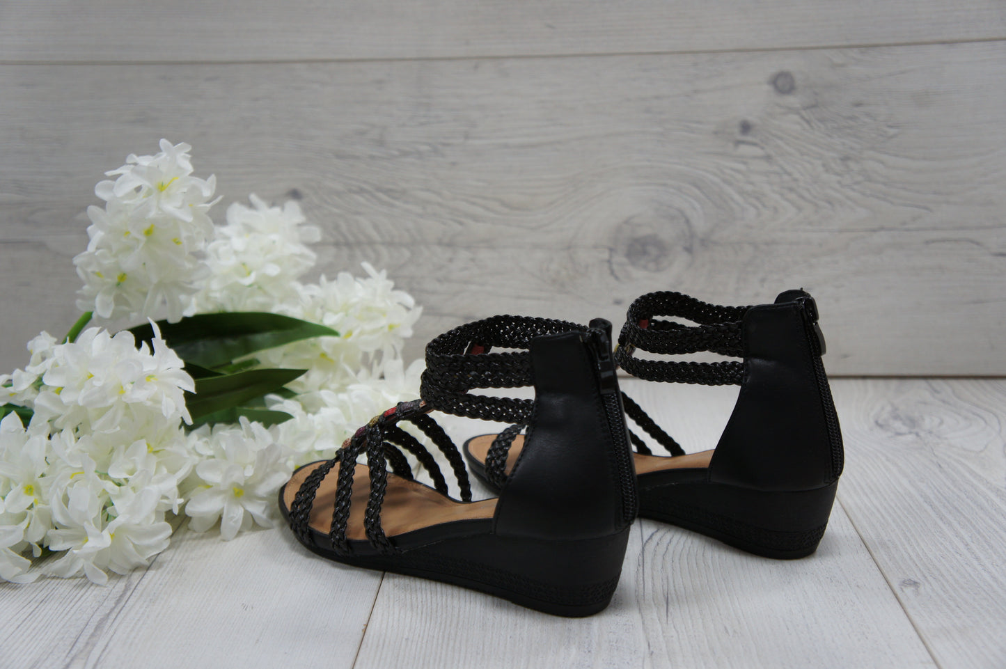 Womens Summer Braided Strappy Beaded Flowery Espadrille Wedge Sandals A8951 BLACK